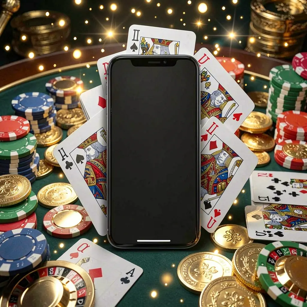 GO6 mobile gaming application concept showing a smartphone surrounded by playing cards, roulette chips, gold coins, and sparkling lights in a premium casino style
