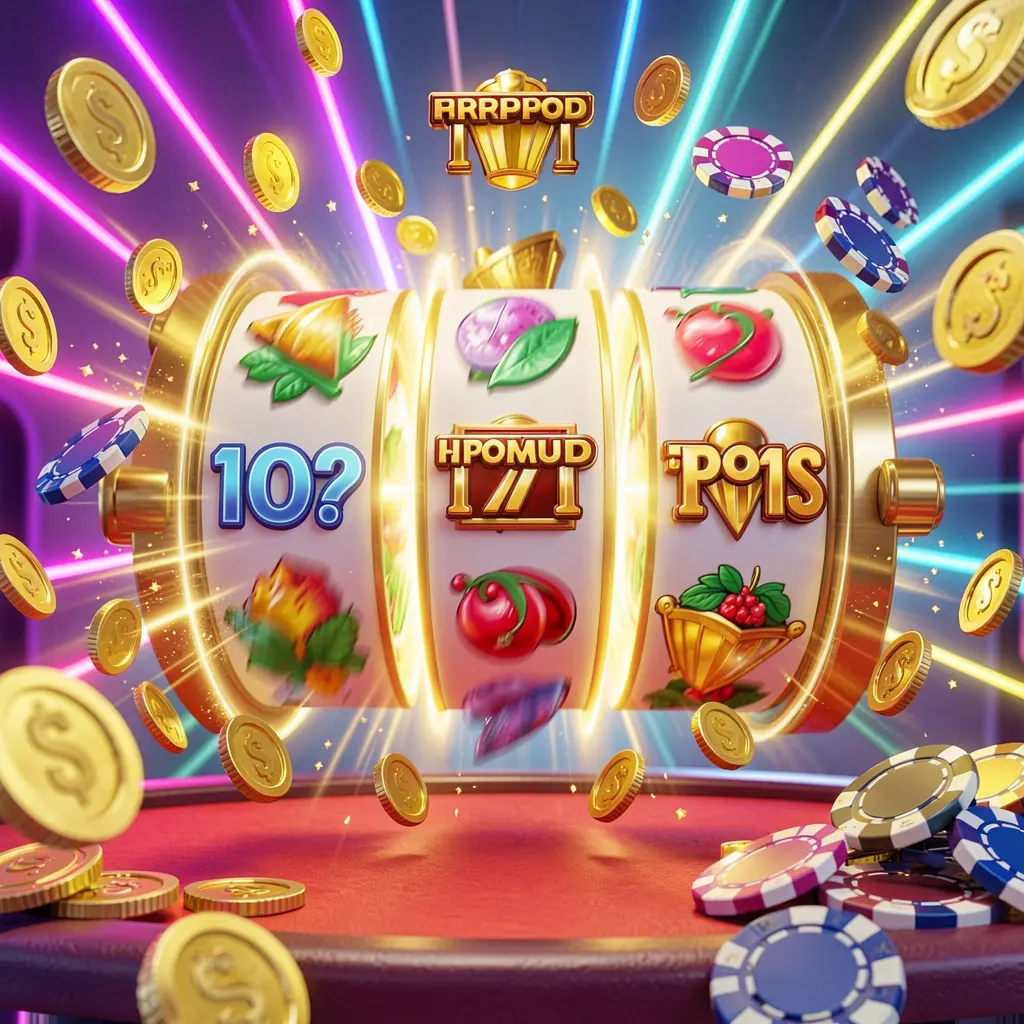 GO6 online casino free spins bonus concept featuring colorful slot machine reels spinning with golden light effects, coins flying around, jackpot symbols, and casino chips on a vibrant neon background