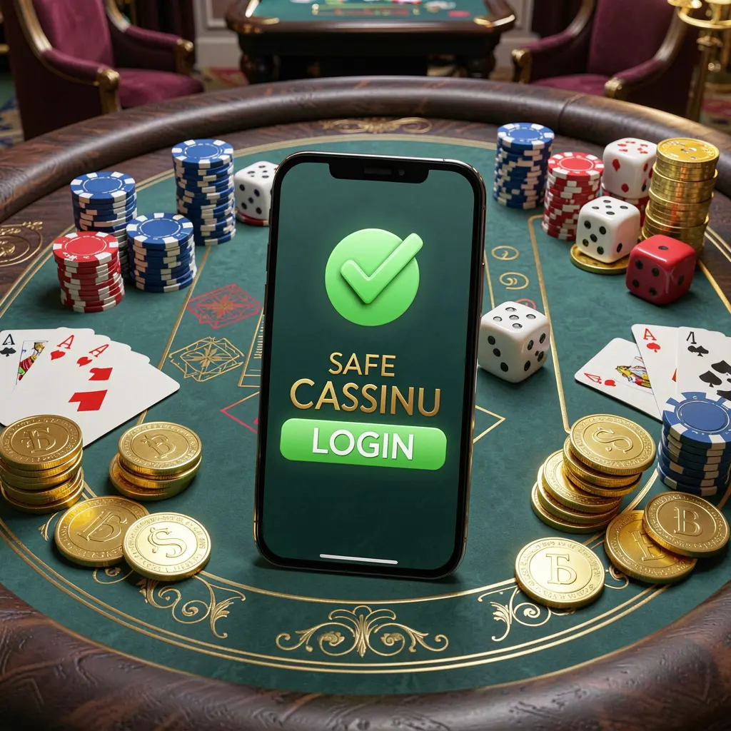 GO6 safe casino login concept showing a smartphone with verification checkmark icon on an elegant luxury casino table surrounded by chips, cards, dice, and golden coins in a 3D realistic render