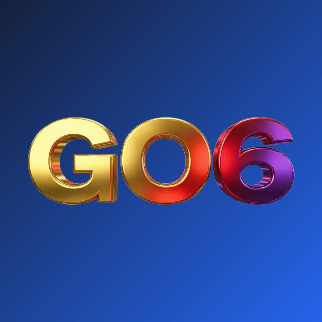 Bright premium GO6 logo with thick uppercase typography in vivid gold, red, and purple colors, polished metallic finish, strong visual impact on a transparent background, designed as a horizontal rectangular wordmark for website header