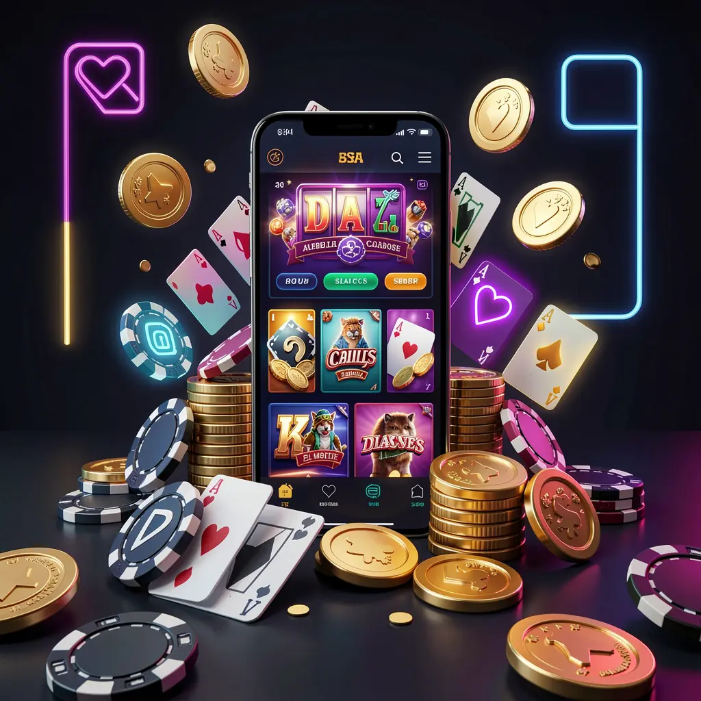 GO6 mobile casino homepage concept showing a smartphone surrounded by golden coins, poker chips, playing cards, and glowing icons on a modern dark background with neon accents